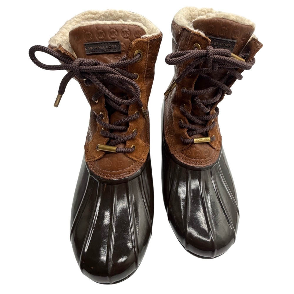 Michael Kors Brown Monogram Leather Suede Duck Boots Shearling Lined Size 9
